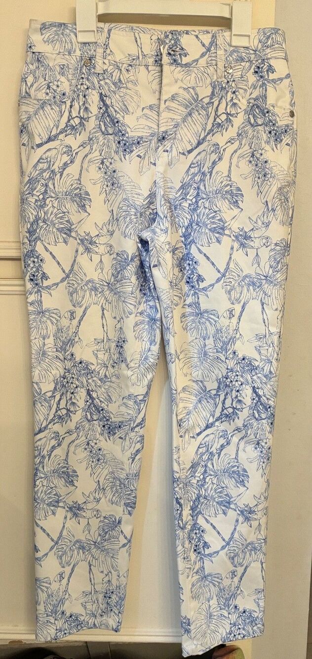 Ellie Tahari sz 8 White With Blue tropical design skinny Jeans